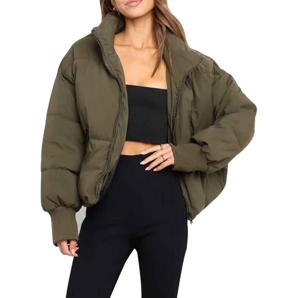 Women’s Green Outerwear Ribbed Cuffs Slant Pockets Classic Cropped Puffer Jacket